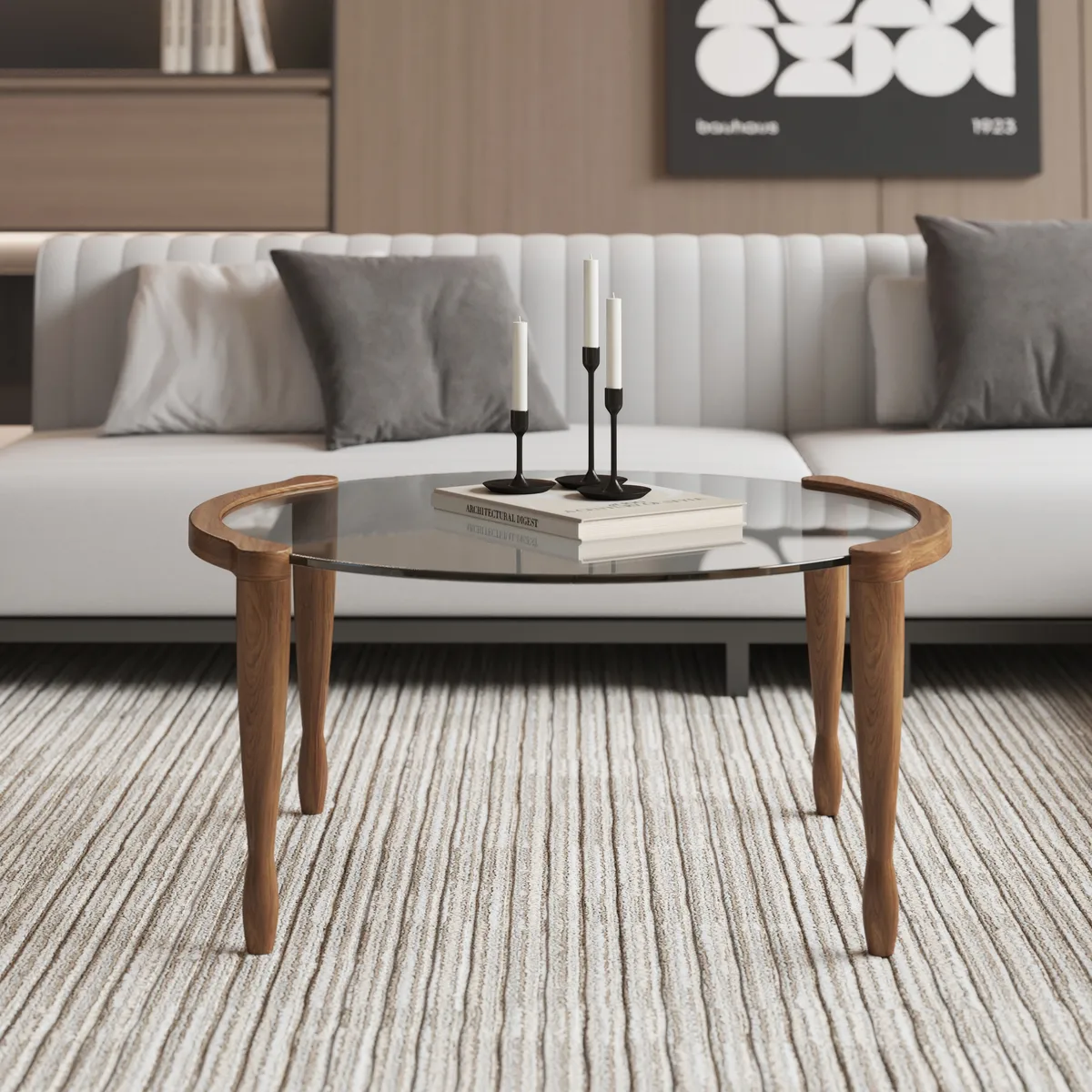 Mid Century Modern Glass and Walnut Round Coffee Table with Wood Legs — image 3