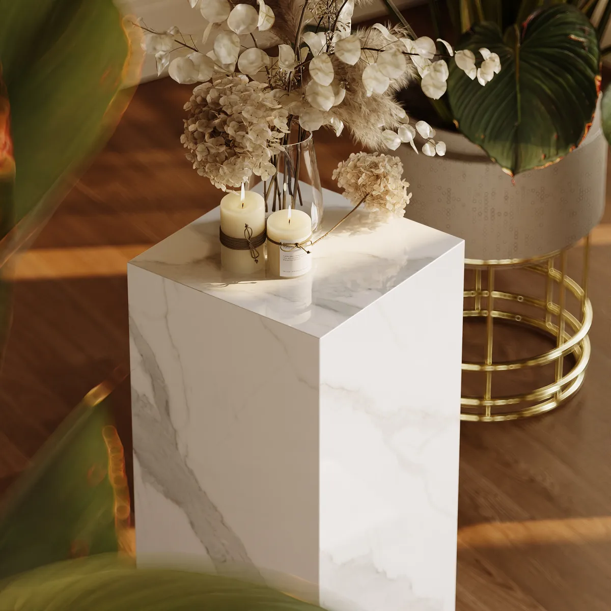 White Sintered?Stone Plinth Pedestal Plant Stand & Side Table — image 4
