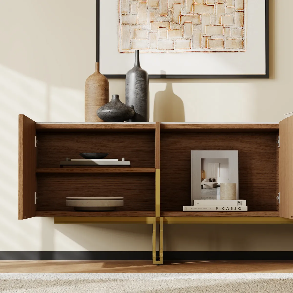 87" Stone Top Walnut TV Stand Minimalist Media Console with 4 Doors & 6 Shelves — image 11