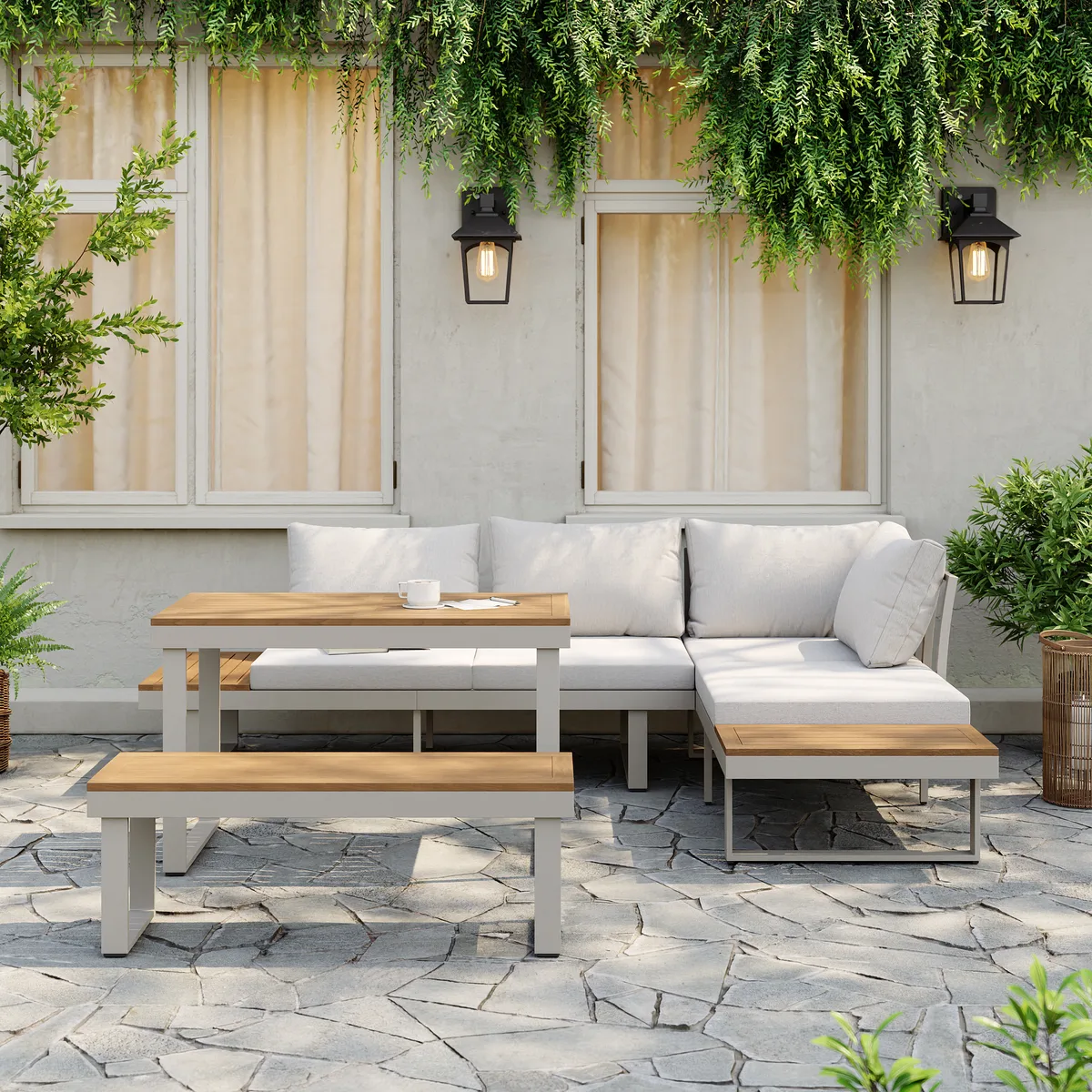Slatera Outdoor Acacia & Aluminum Modular Sofa Set in Dark Gray with Black Cover — image 3