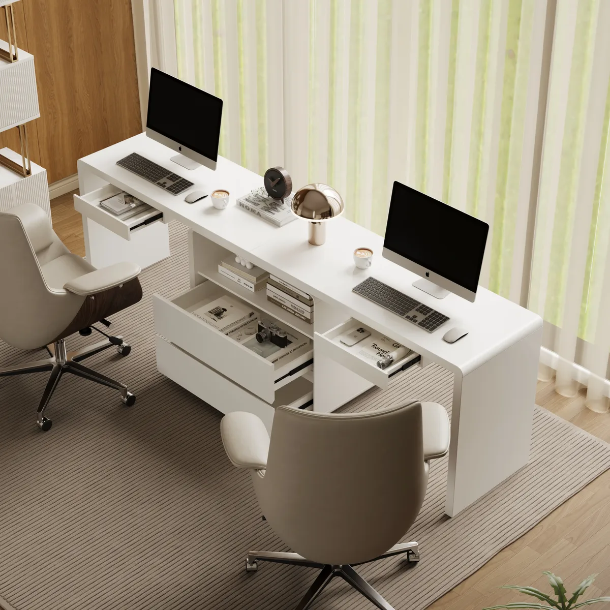 White Double Desk with Drawers & 2 Ivory PU Leather Modern Home Office Chairs — image 13