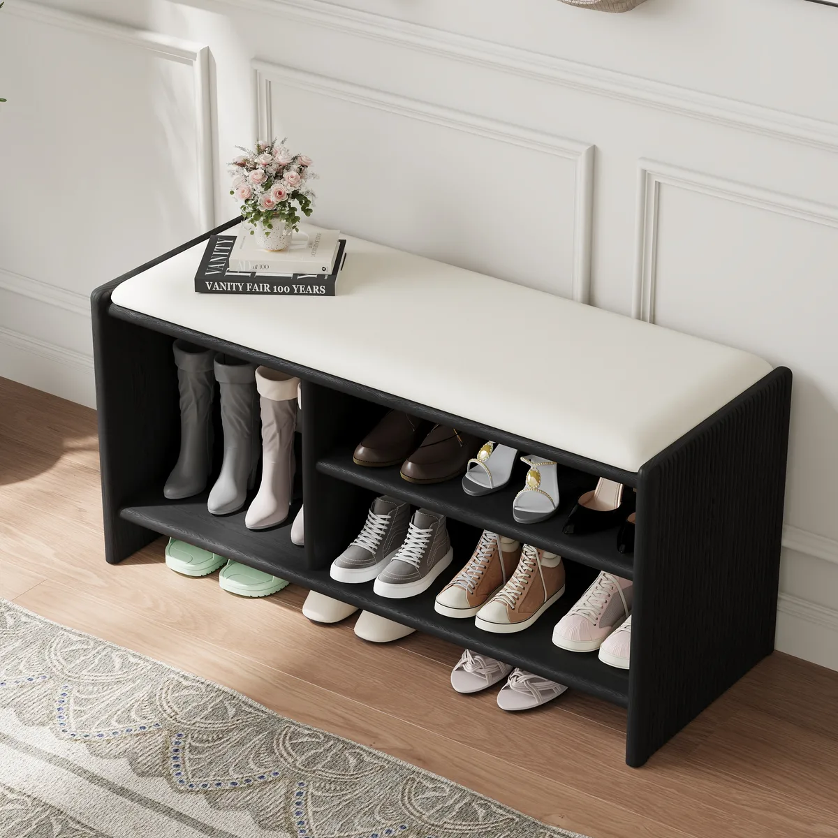 Modern Leather Upholstered Entryway Bench Shoe Storage — image 3