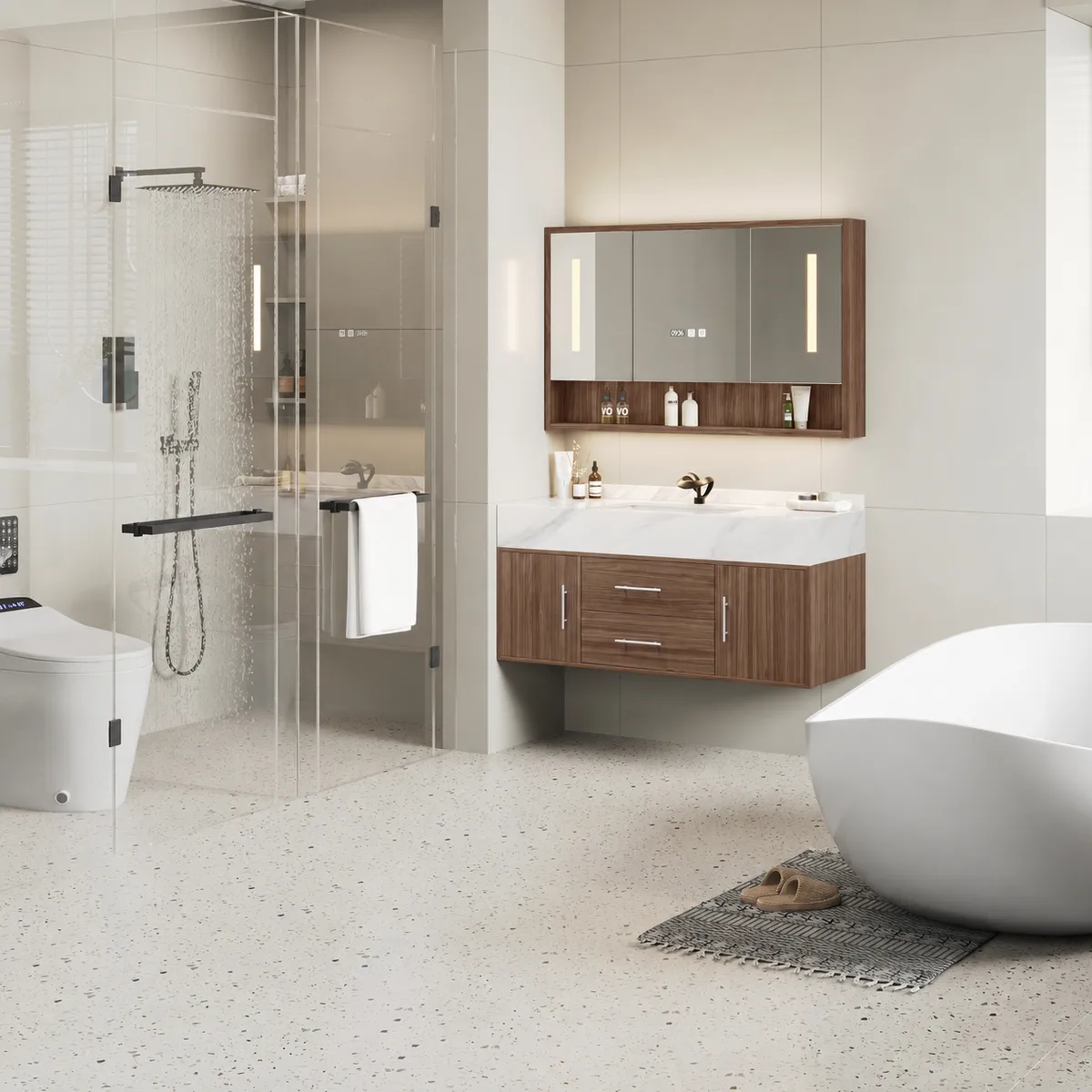 39.3" Walnut Bathroom Vanity & LED Medicine Cabinet Set — image 3