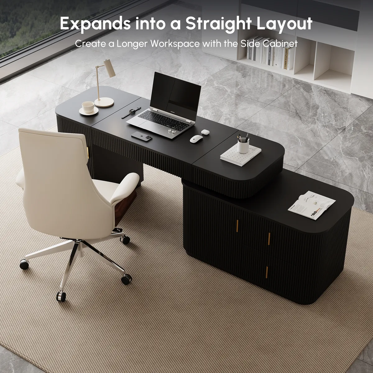 Modern 65" L-Shape Natural Executive Desk with Right-Side Cabinet — image 10