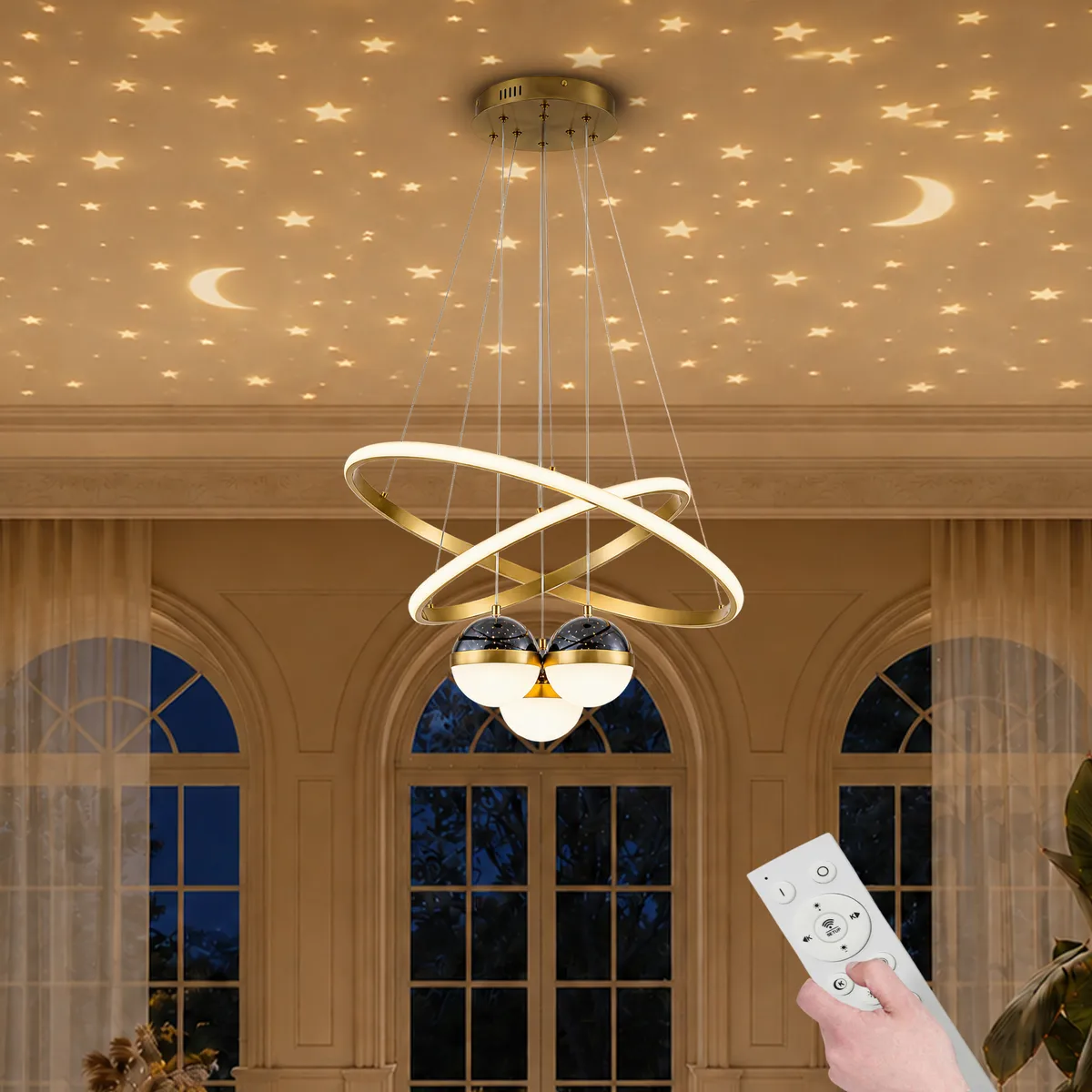 24" 5-Light LED Chandelier with Starry Projection, Dimmable & Adjustable