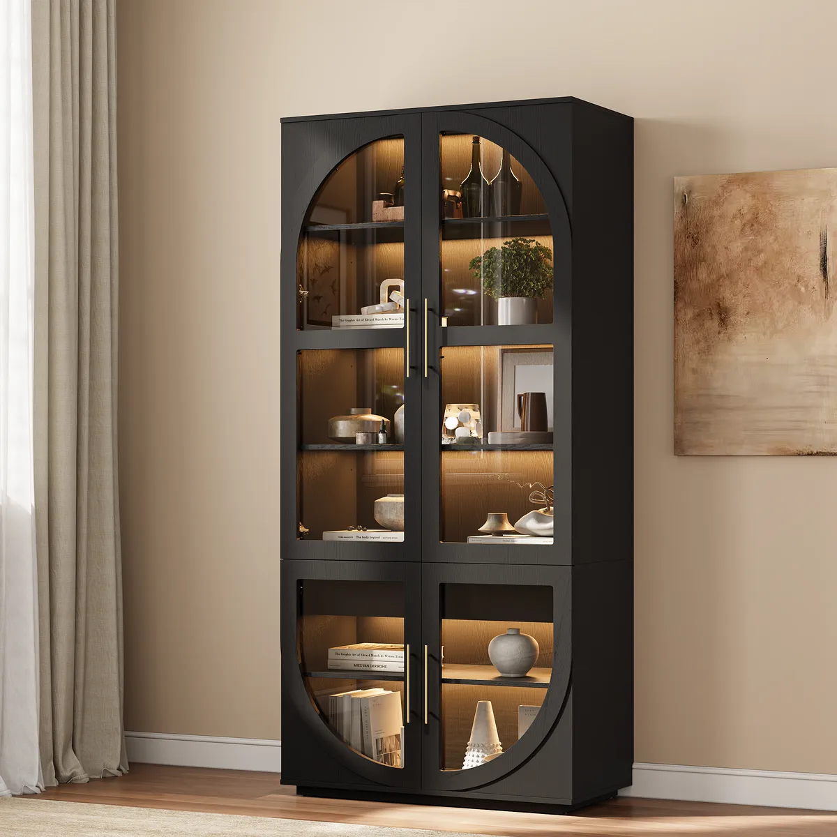 Arune Glass Tall Display Cabinet with Drawers & LED Light — image 6
