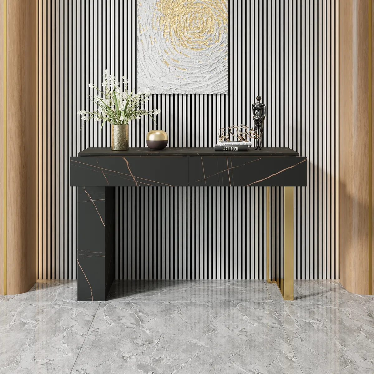 47.2" Black Console Table Modern Accent Table For Entryway with 2 Drawers & Stainless Steeel Base — image 3