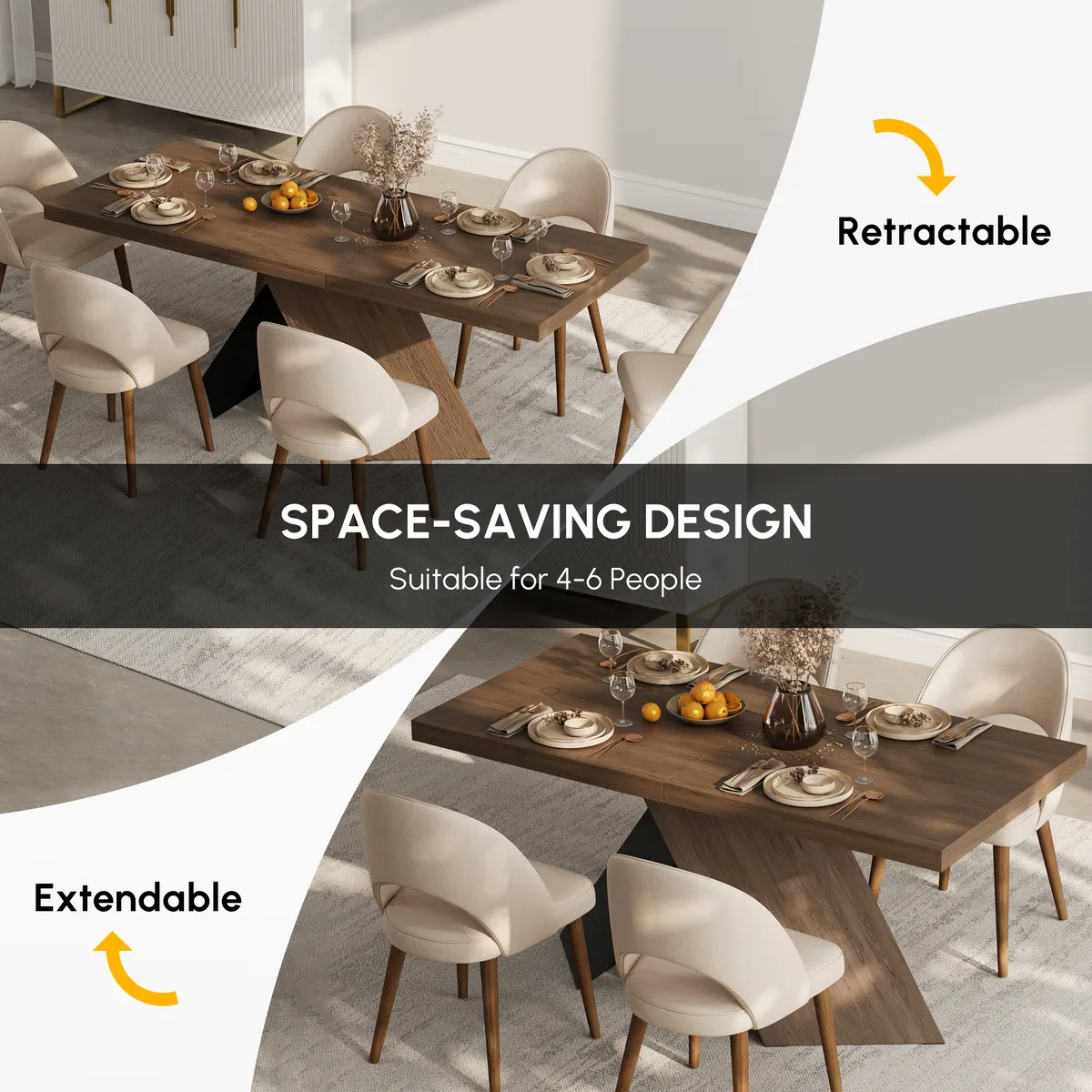 Dining Table Set 64"-79" Rectangle Extendable Dining Table & 4 Archic Japandi Rattan Dining Chairs — image 8