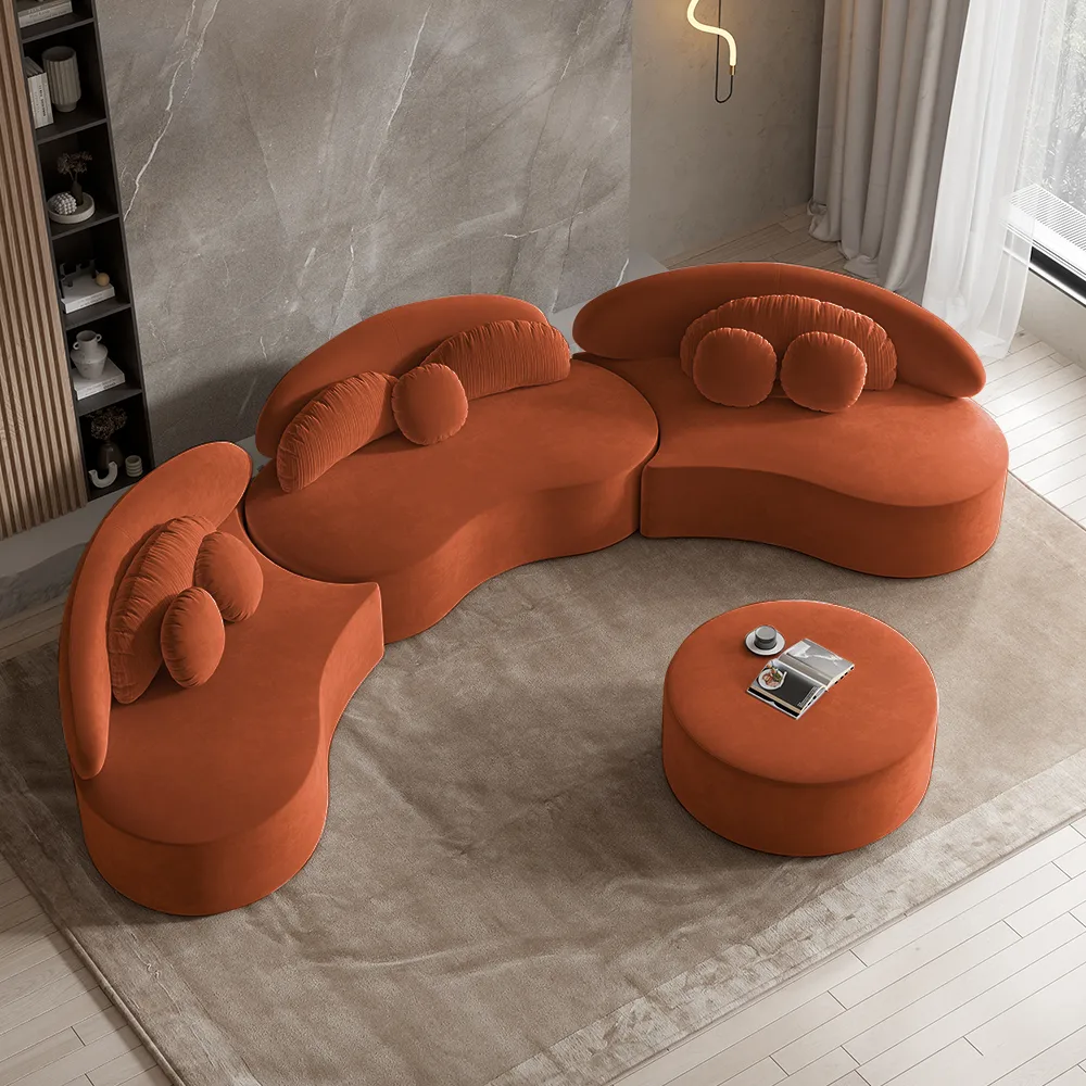 Modern 7 Seat Sectional Sofa Curved Modular Beige Velvet Upholstered with Ottoman — image 21