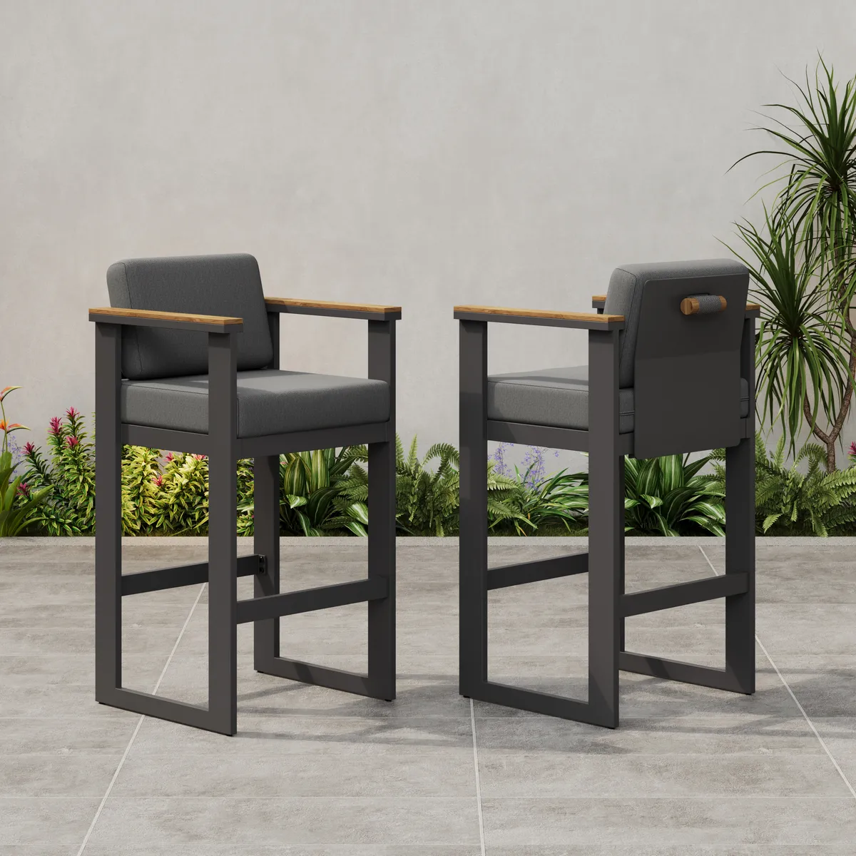 Tevara Outdoor Aluminum Frame & Teak Wood Armrest Bar Stools