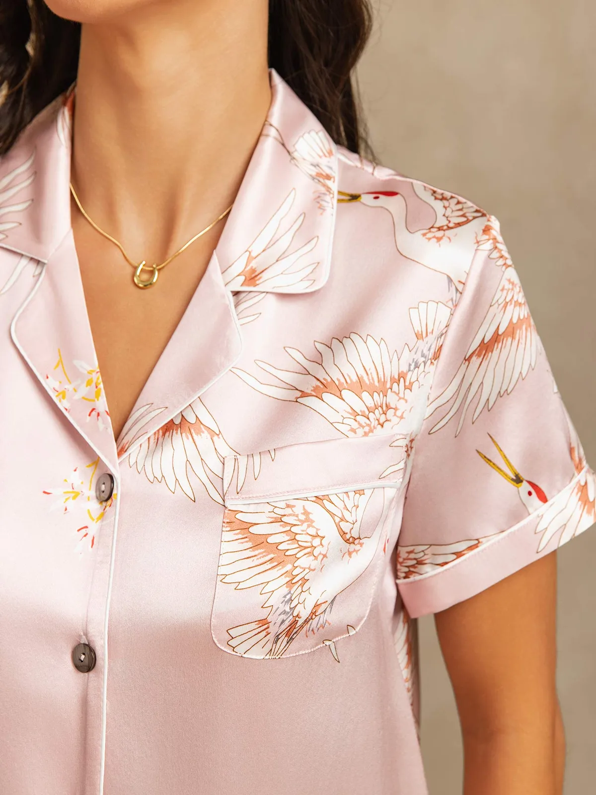19Momme Women's 100% Mulberry Silk Crane Print Short Sleeve Notch Collar Pajamas Set — image 4