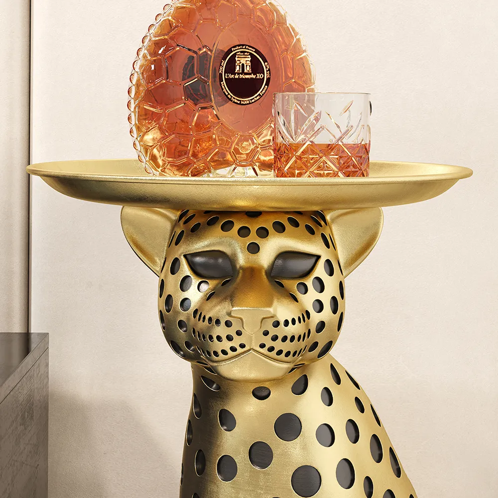 Resin Panther side Table Decorative Cocktail Luxury Gold Leopard Accent Table with Tray — image 3