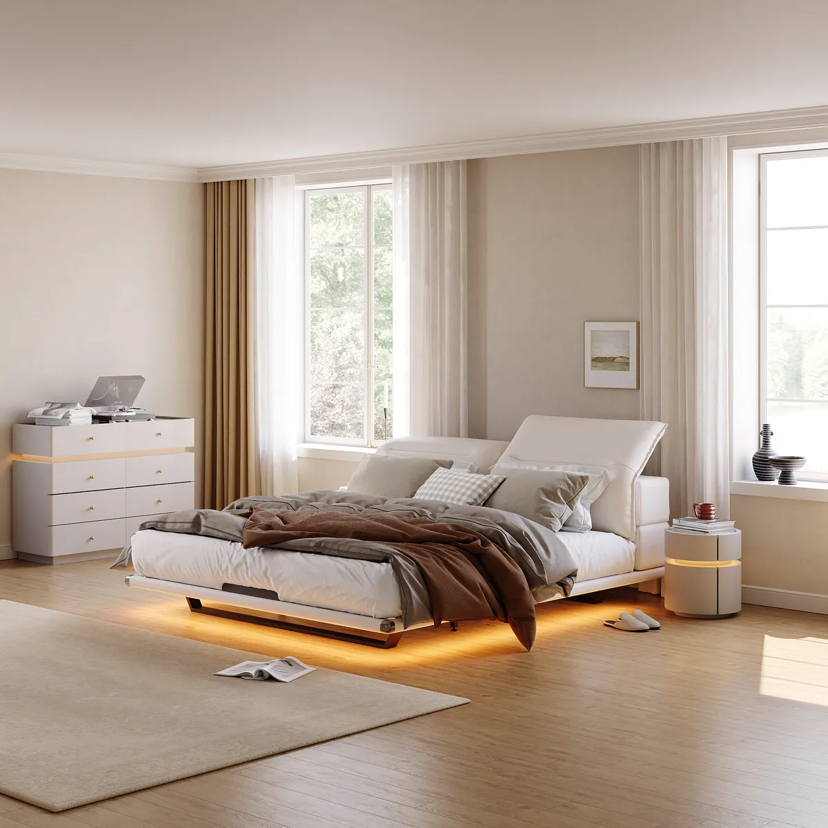 Round Saddle Leather Nightstand with Wireless Charging Bedside Table — image 4