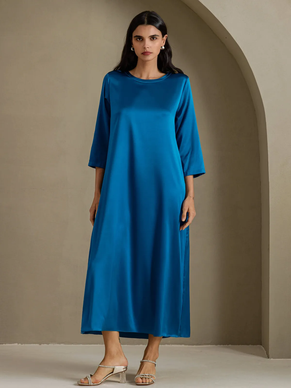 19Momme Silk Women's Round Neck 3/4 Sleeve Maxi Dress with Pockets — image 5