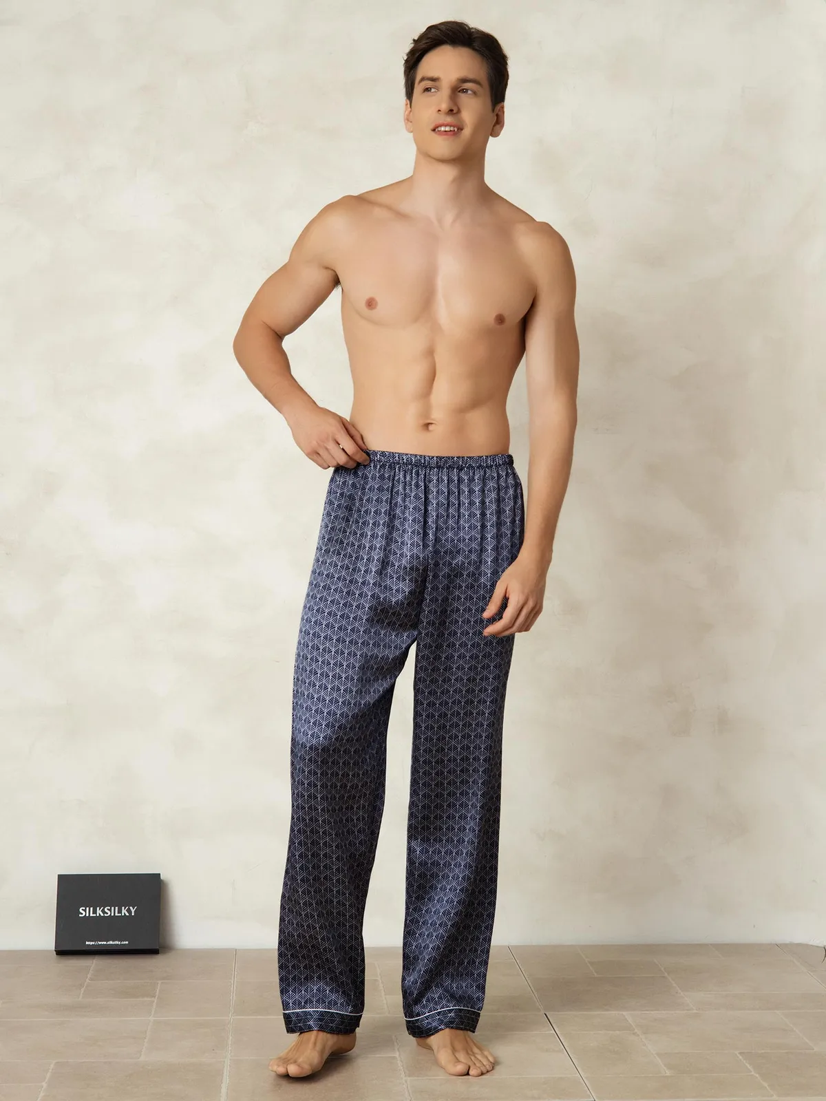 Men's 100% Mulberry Silk Ginkgo Print Sleep Pants with Elastic Waist — image 4