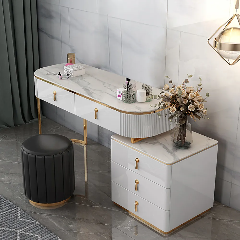 Nordic Makeup Vanity Extendable with 5-Drawer Dressing Table with Stone Top in Champagne — image 14