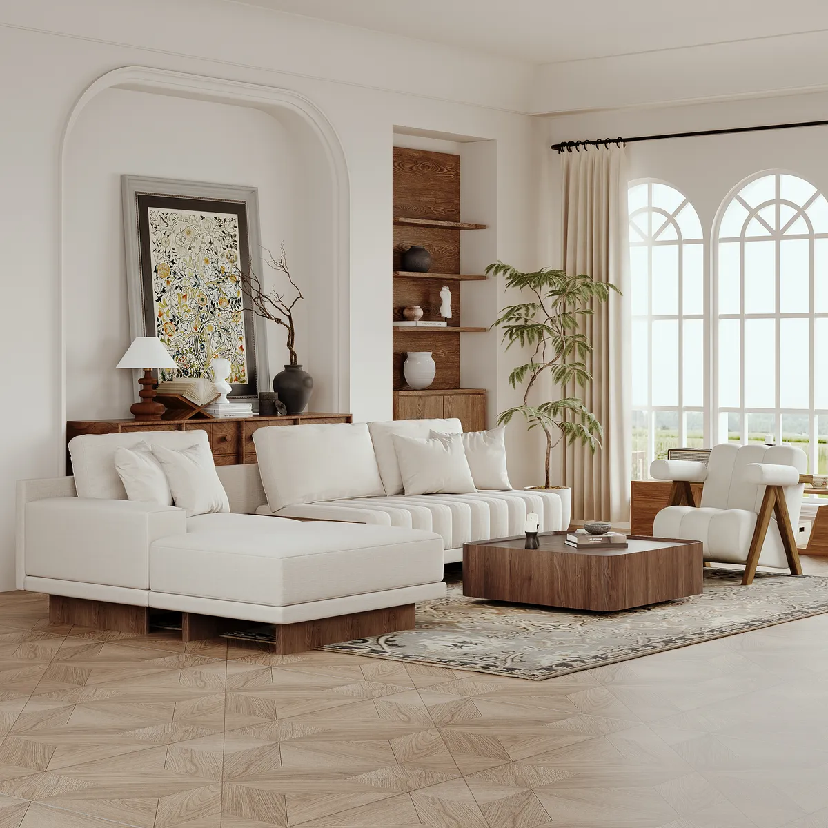 Modern Living Room Couch Set Fabric L-Shaped White Modular Sectional Sofa & Wood Block Coffee Table — image 5