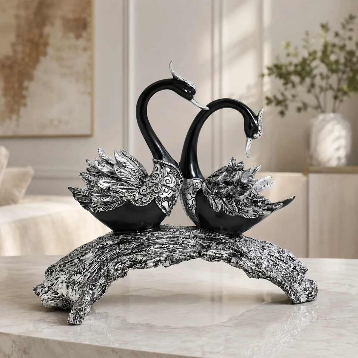 Swan Couple Resin Sculpture in Black & Silver for Home Table Decor — image 23