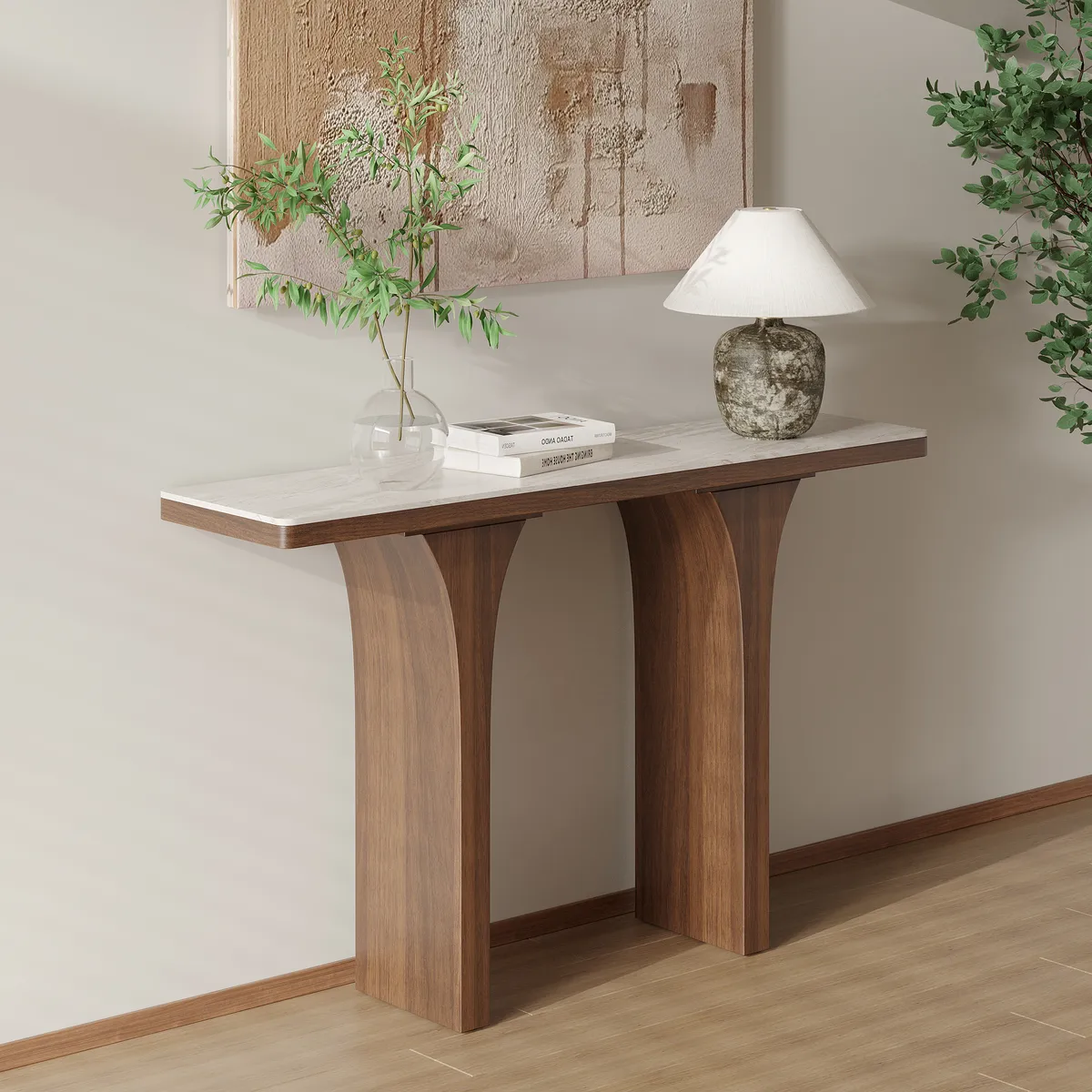 Travertine Veneer Top Console Table Entryway Furniture in Walnut (55" Wide)