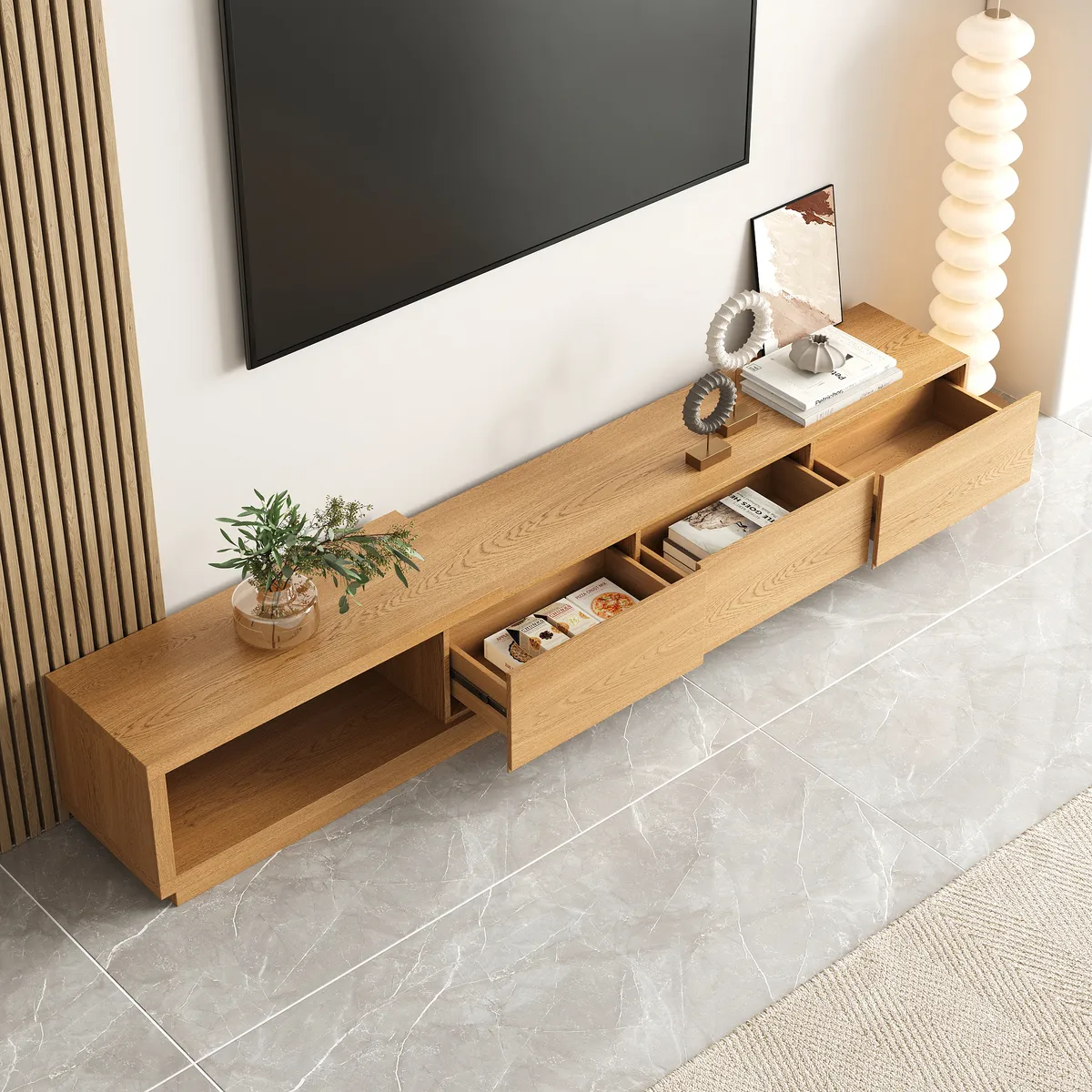Quoint 100.4" Modern TV Stand Retracted & Extendable 3-Drawer Light Media Console — image 6