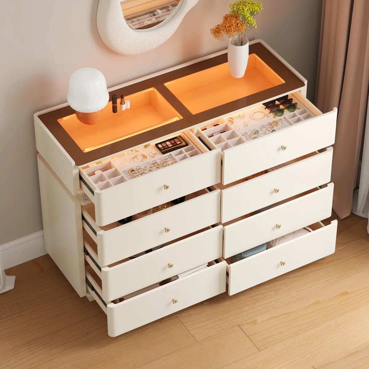 47" Glass Top Walk-in Closet Island 8-Drawer Dresser with Light — image 2