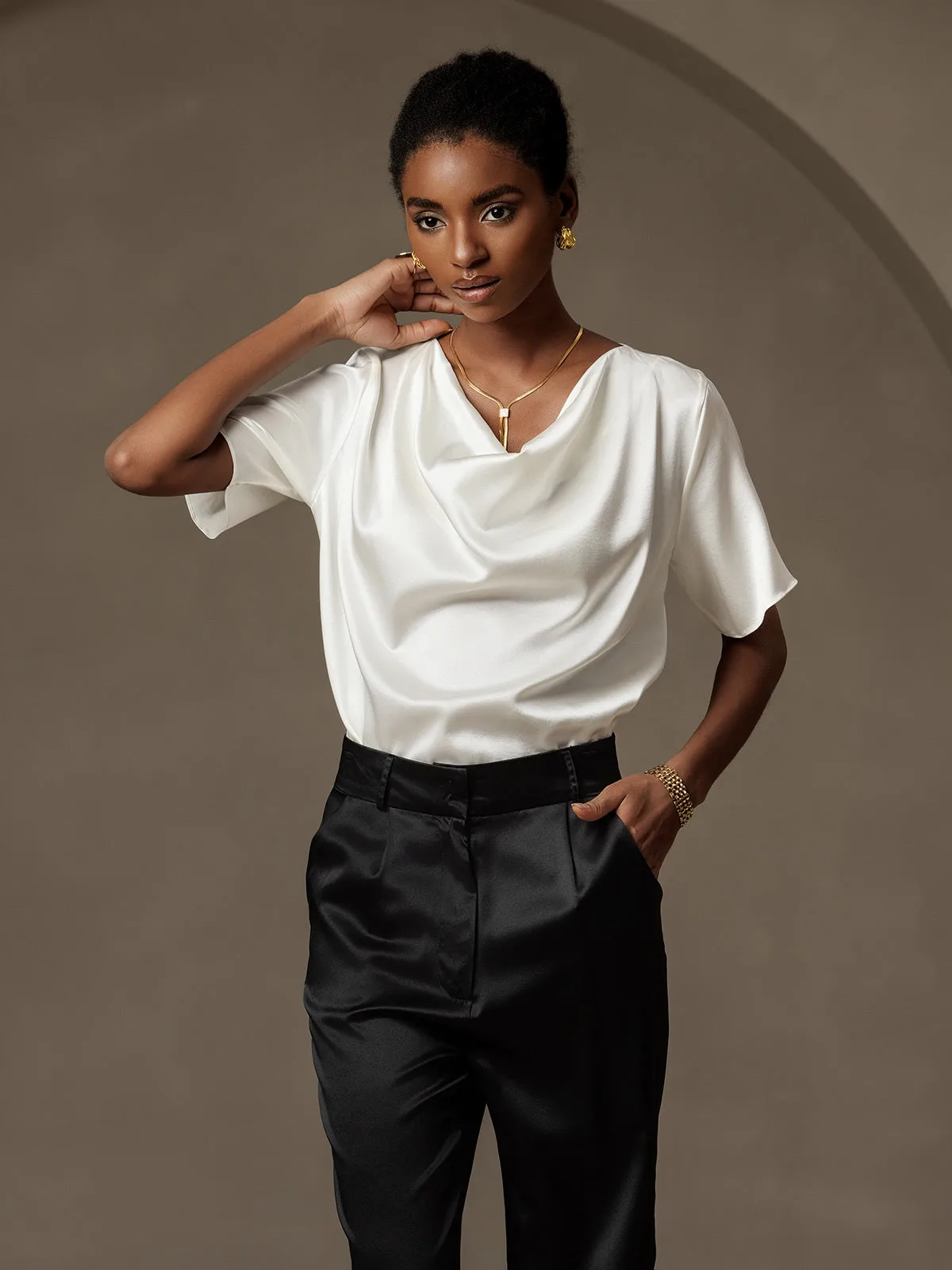 19Momme Women's Silk Short Sleeve Cowl Neck T-Shirt — image 5