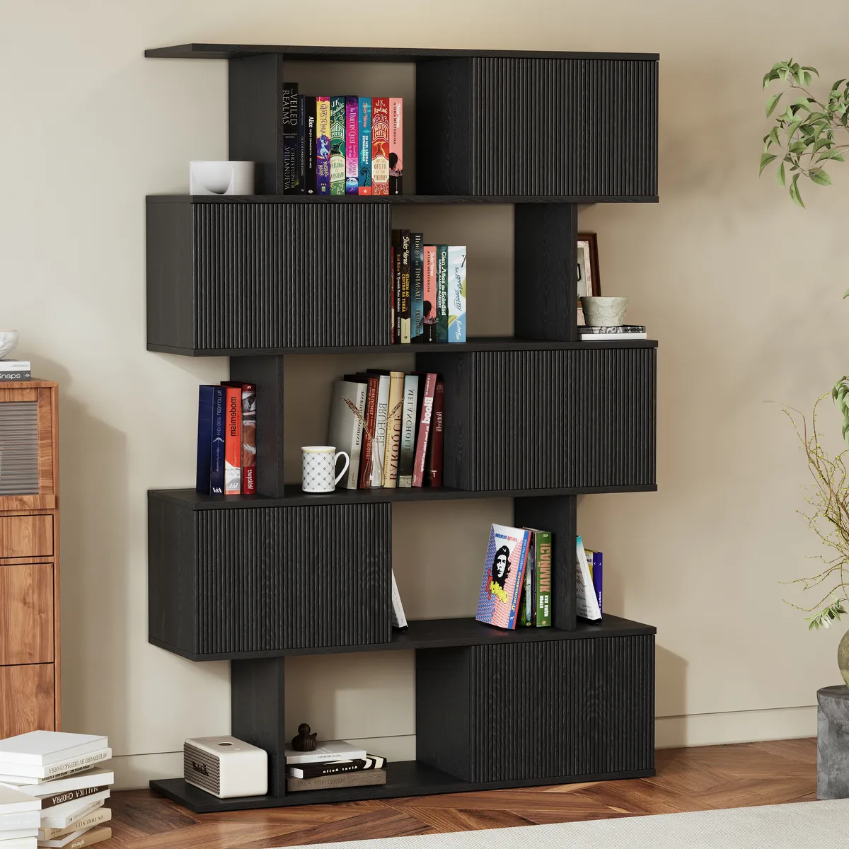5-Shelf Walnut Bookshelf Etagere Tall Bookcase for Home & Office (72.8" High) — image 21