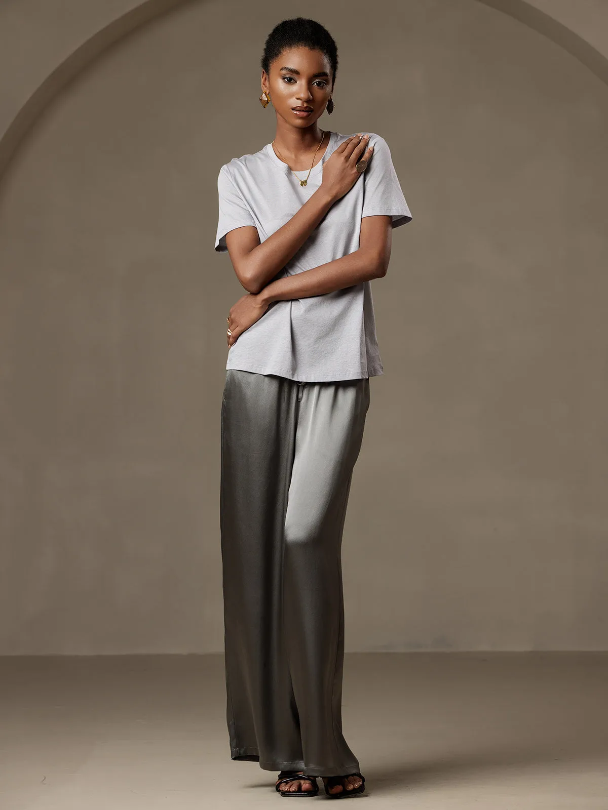 100% Mulberry Silk Wide Leg Women's Pants with Elastic Waist Design — image 5