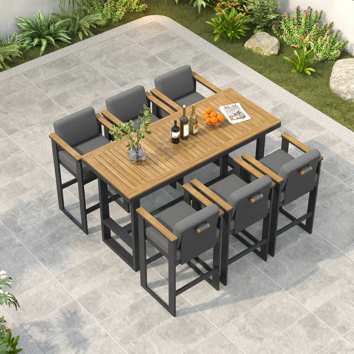 Tevara Outdoor Aluminum Frame & Teak Wood Armrest Bar Stools — image 2