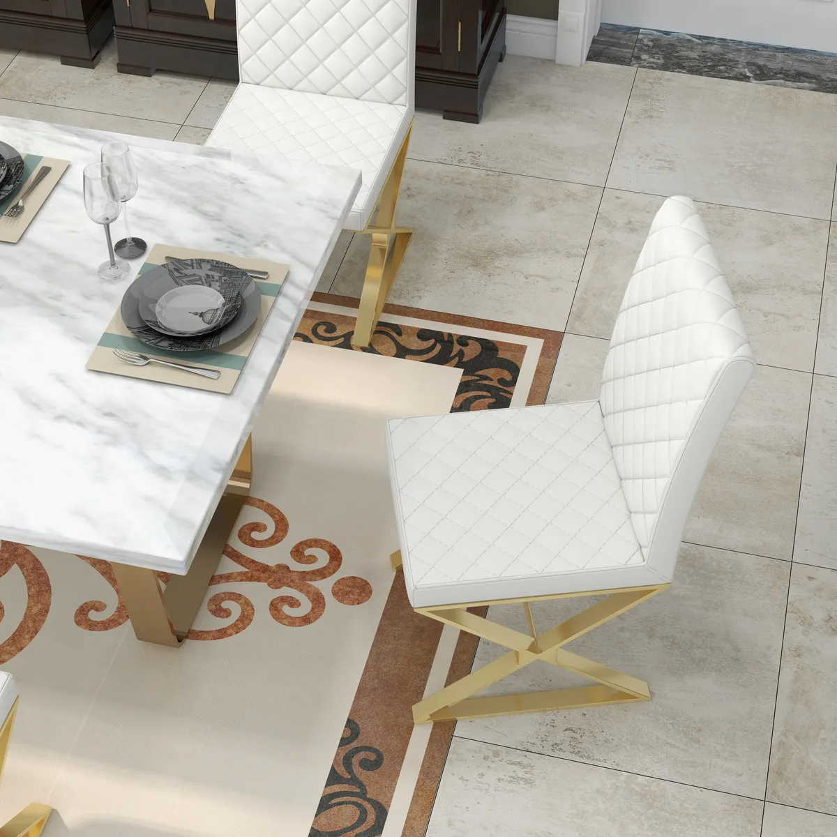 Set of 2 Modern Dining Chairs PU Leather Upholstered White Dining Room Chair with Gold Legs — image 7