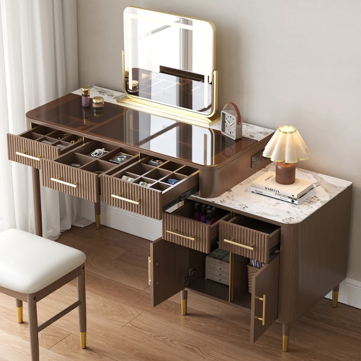 White Makeup Vanity Set with Lighted Mirror & Stool Mid Century Modern Dressing Table with Glass Top — image 2