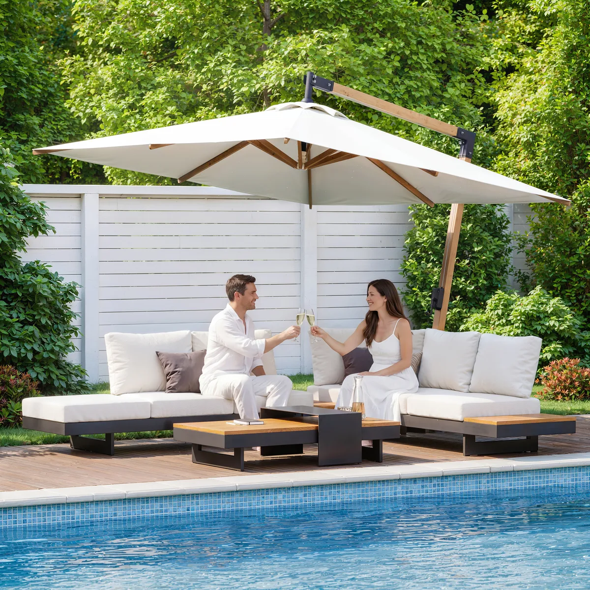 Tevara 7-Piece Outdoor Teak & Aluminum Modular Sofa Set for 6 with Ivory Cover — image 15