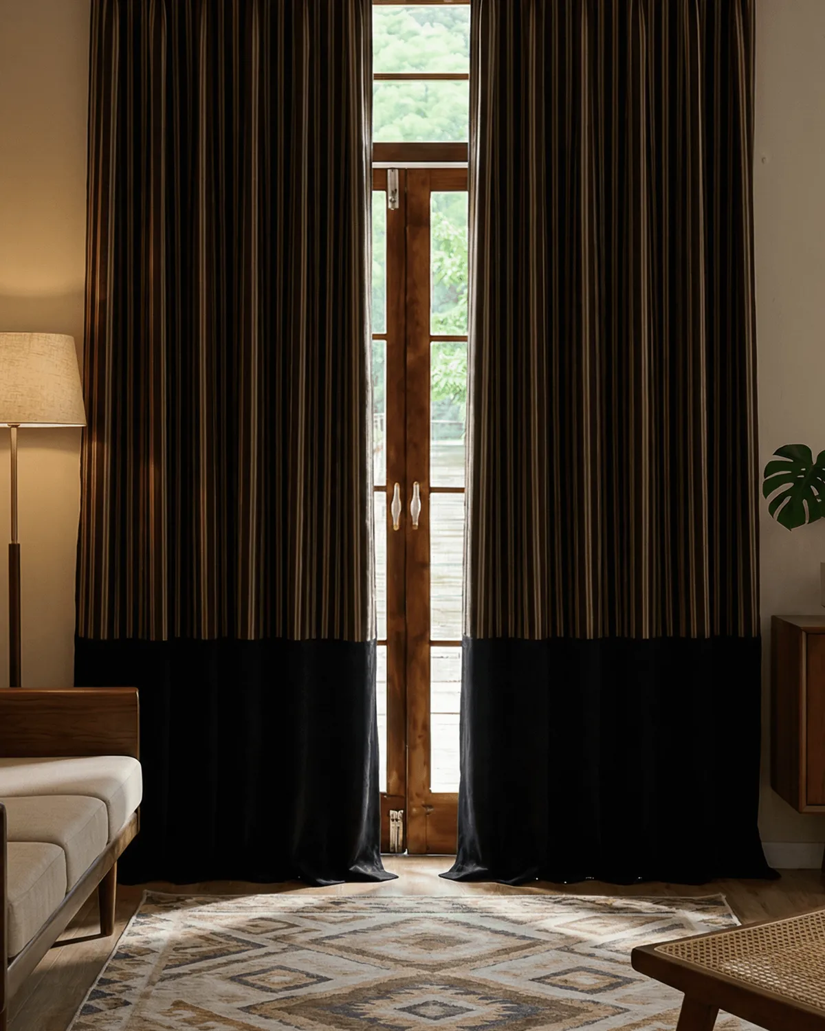 Renee 4 layers Soundproof Thermal Striped Linen Velvet Color Block Custom Curtain