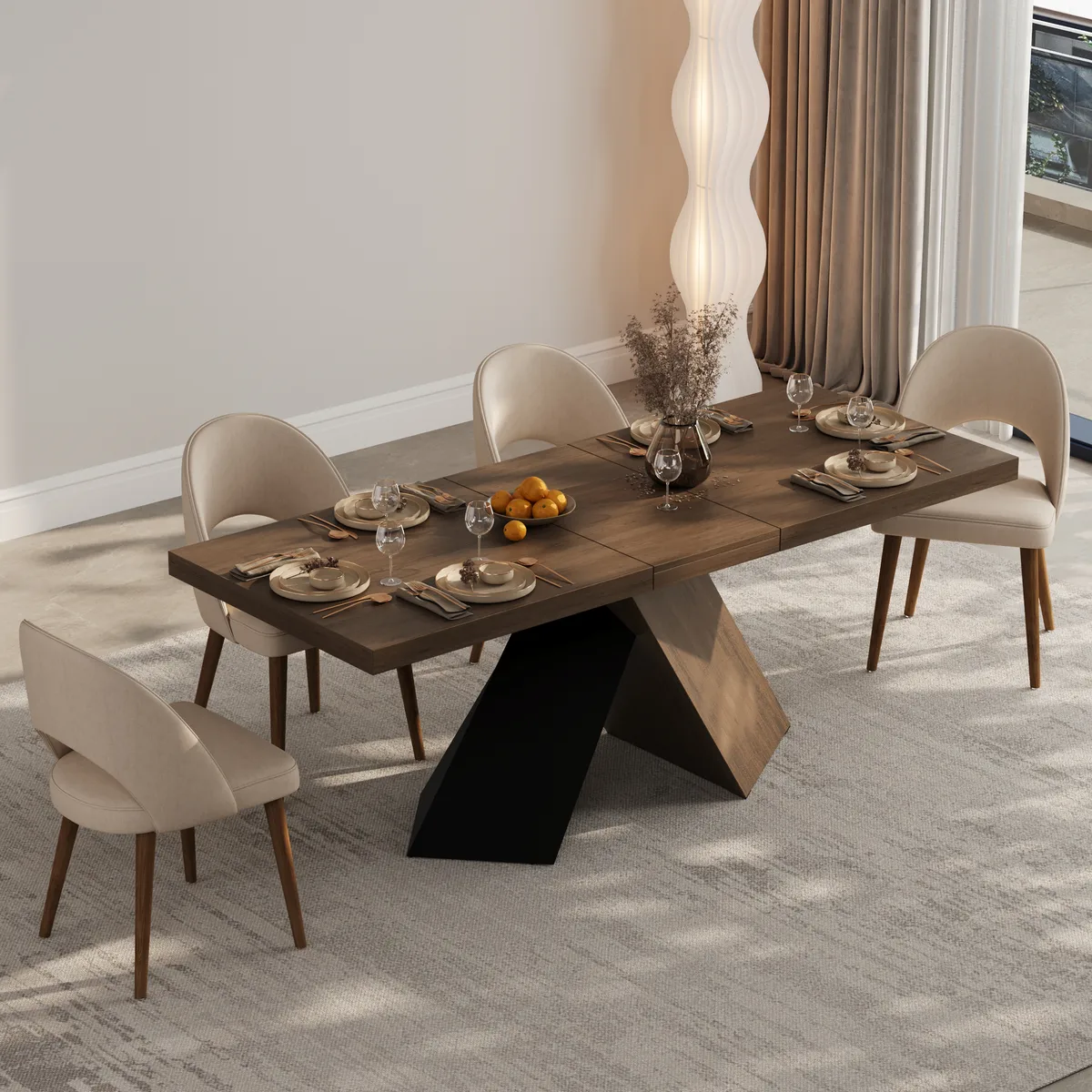 Dining Table Set 64"-79" Rectangle Extendable Dining Table & 4 Archic Japandi Rattan Dining Chairs — image 4