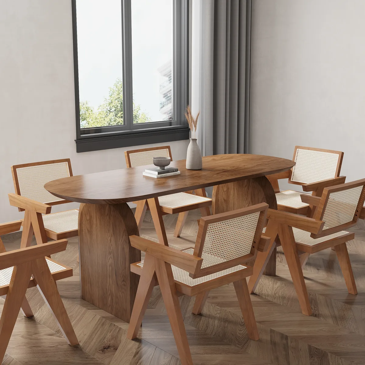 Dining Table Set 70.9" Oval Solid Wood Dining Table & 4 Walnut Japandi Rattan Dining Chairs — image 11