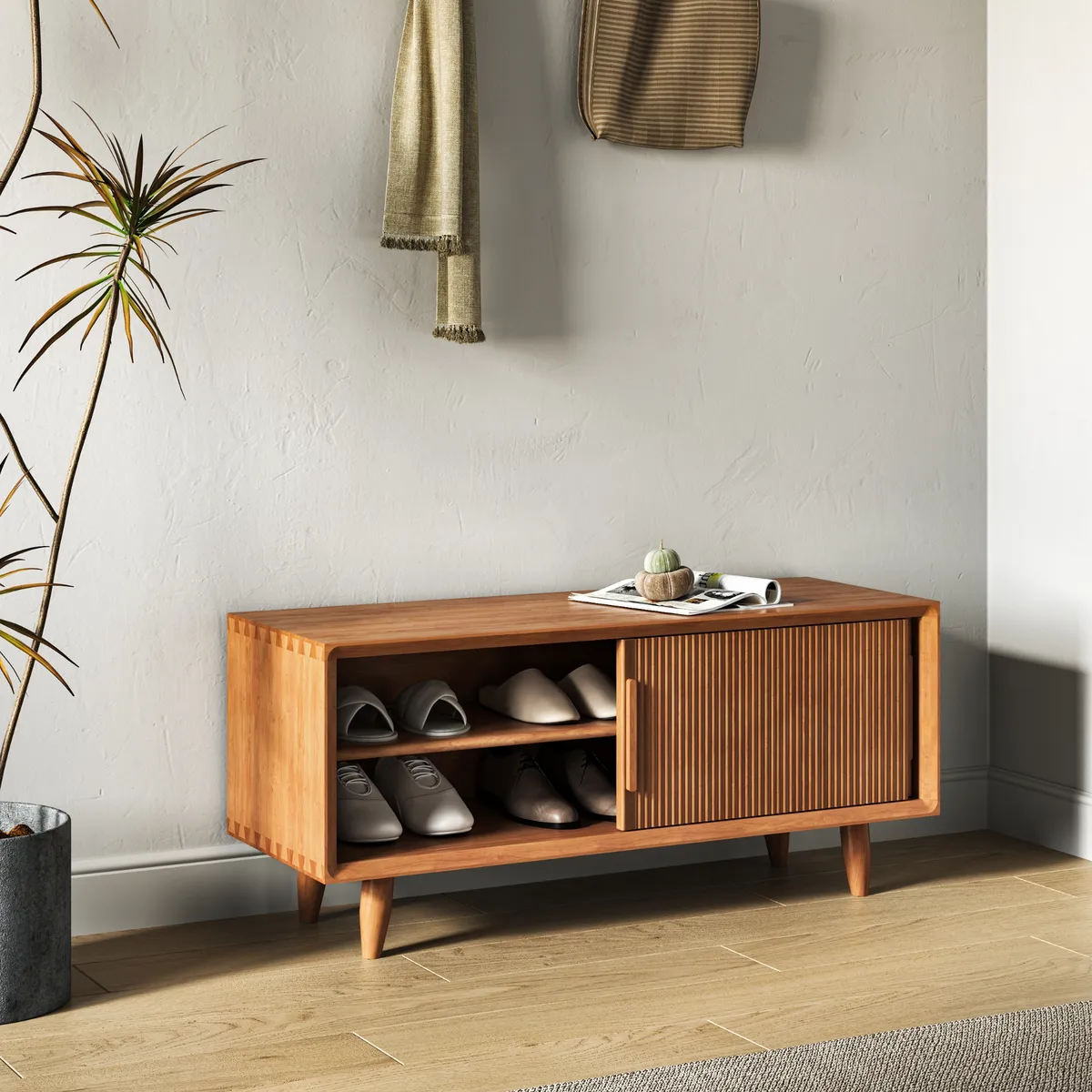 47.2" Solid Rubberwood Natural Entryway Bench with Storage — image 7