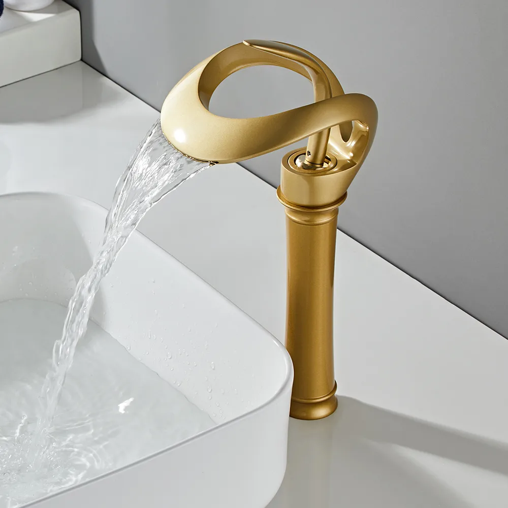 Modern Gold Waterfall Bathroom Vessel Sink Faucet Single Handle Solid — image 4