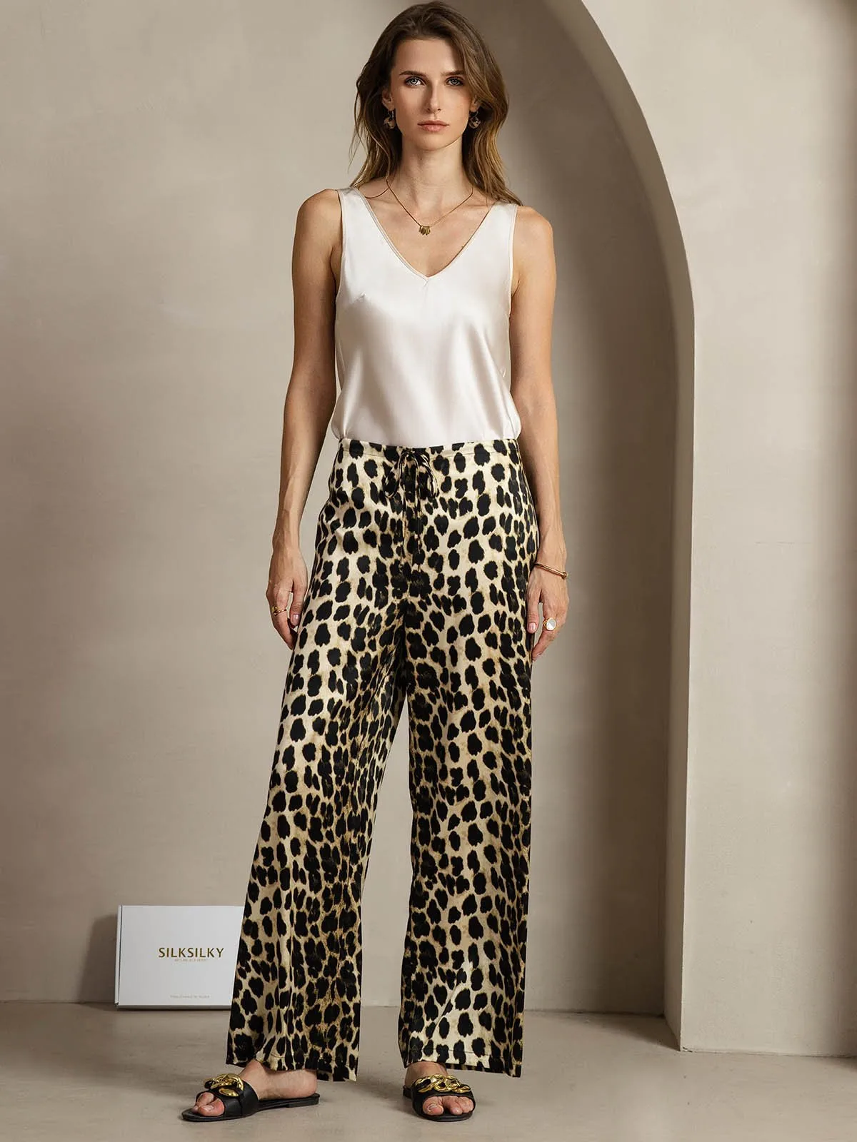 19Momme Silk Leopard Print Wide Leg Women's Pants With Side Pockets Design — image 4