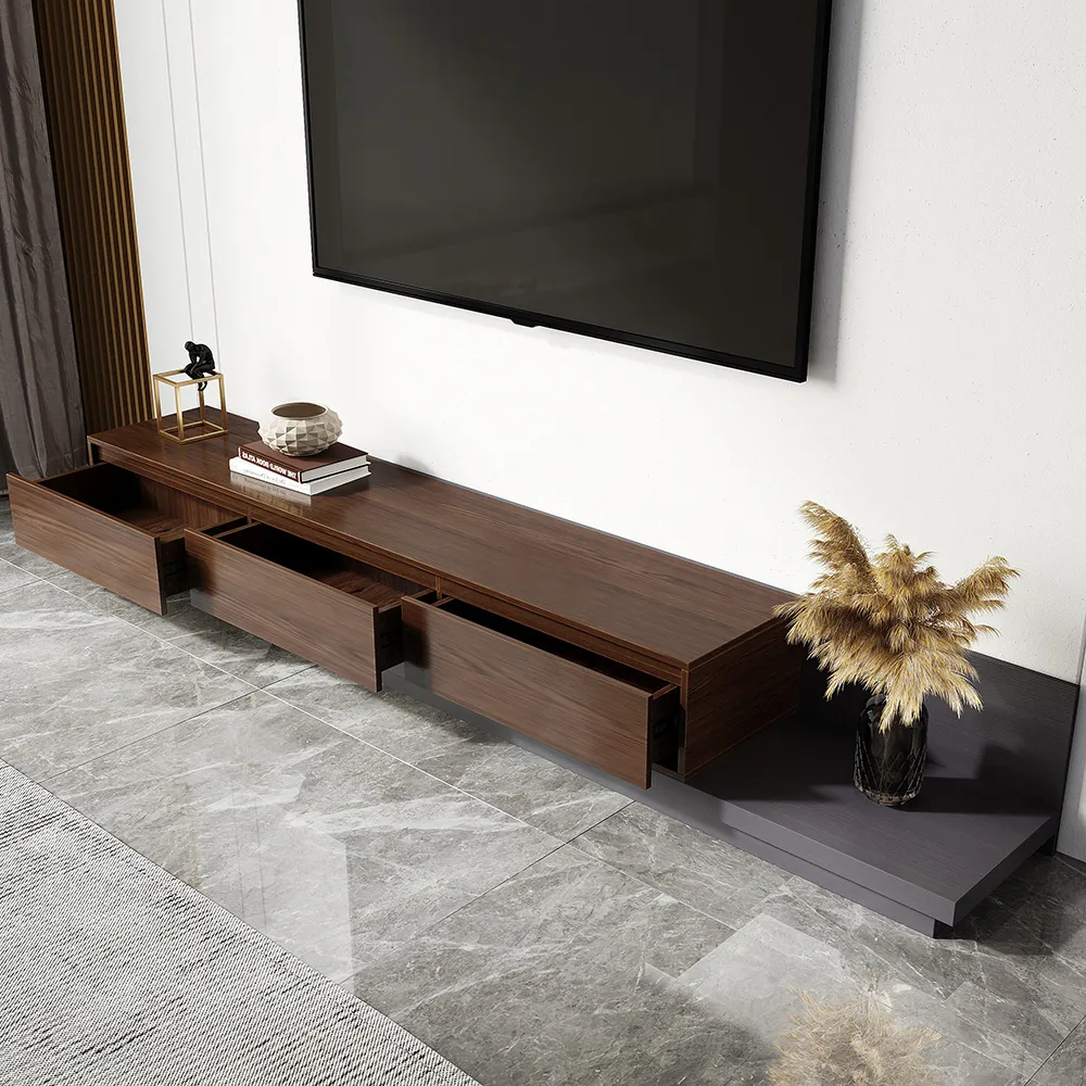 Living Room Cabinet Set Rectangle Gray Extendable TV Stand & Wood Round Nesting Coffee Table — image 27