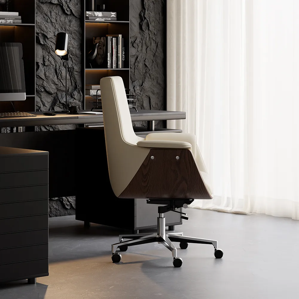 Black Leather Modern Home Office Chair Upholstered High Back Desk Chair Wood Grain Frame — image 26