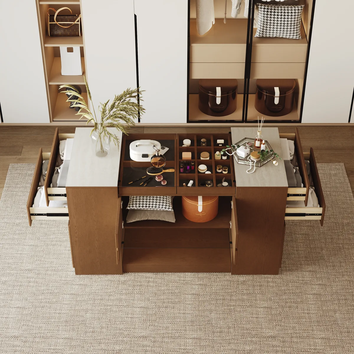60" Glass Top Walnut Dresser Walk-in Closet Island with Jewelry Storage — image 5