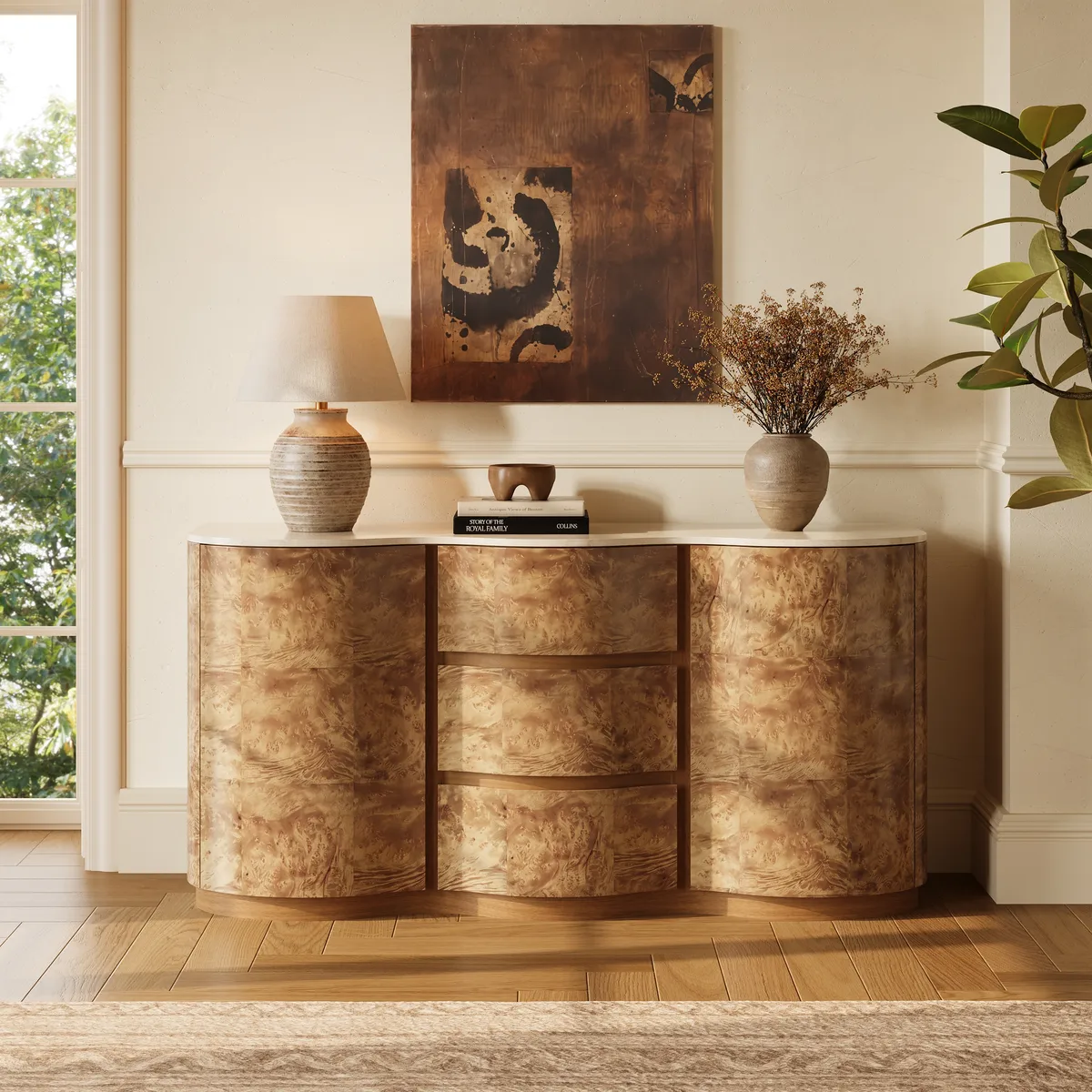Modern 63" Burl Sideboard with Sintered Stone Top