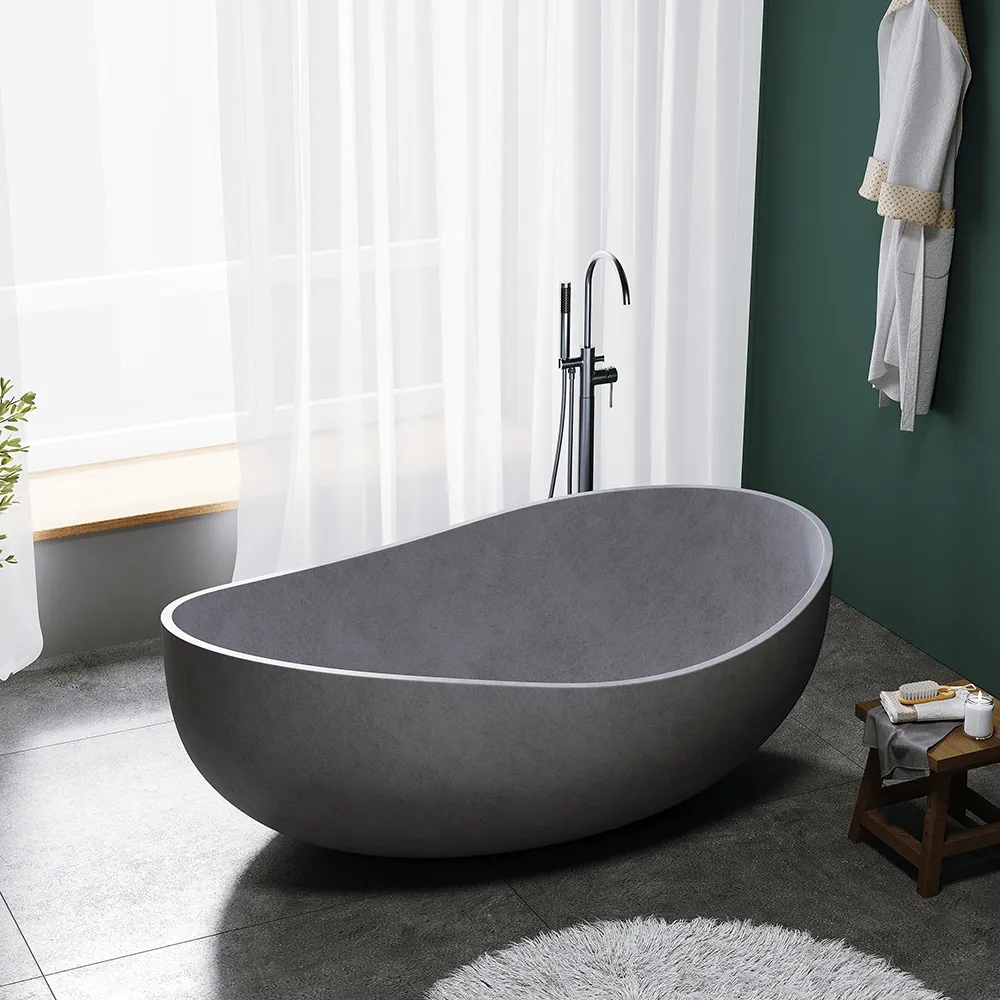 63" Industrial Concrete Soaking Bathtub Oval Cement Freestanding Bathtub — image 2