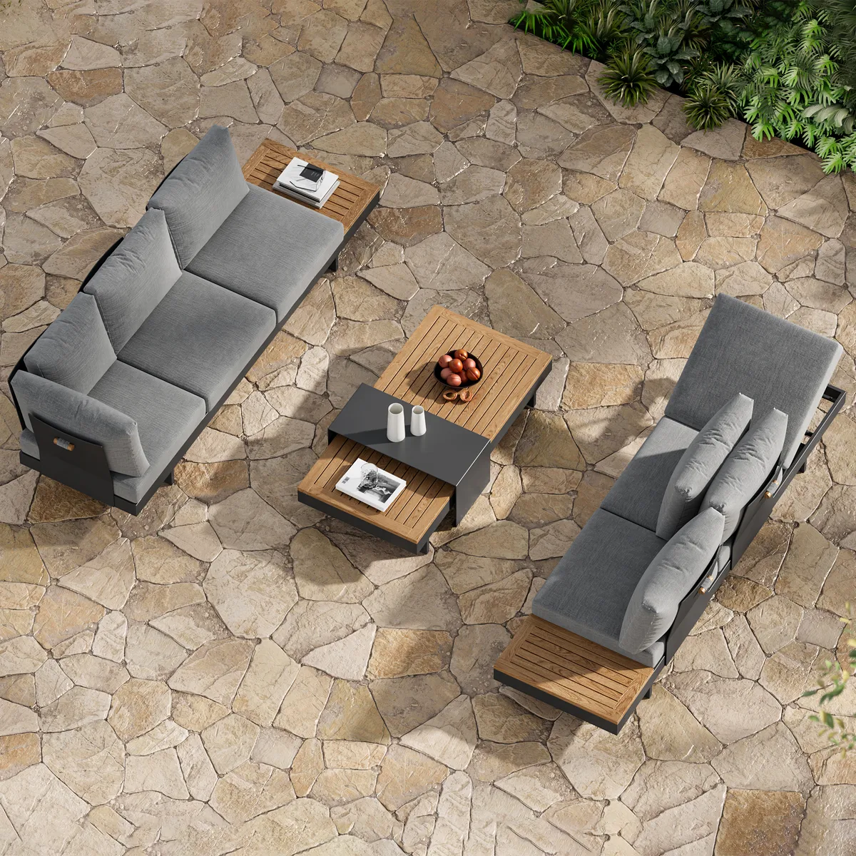 Tevara 7-Piece Outdoor Teak & Aluminum Modular Sofa Set for 6 with Ivory Cover — image 5