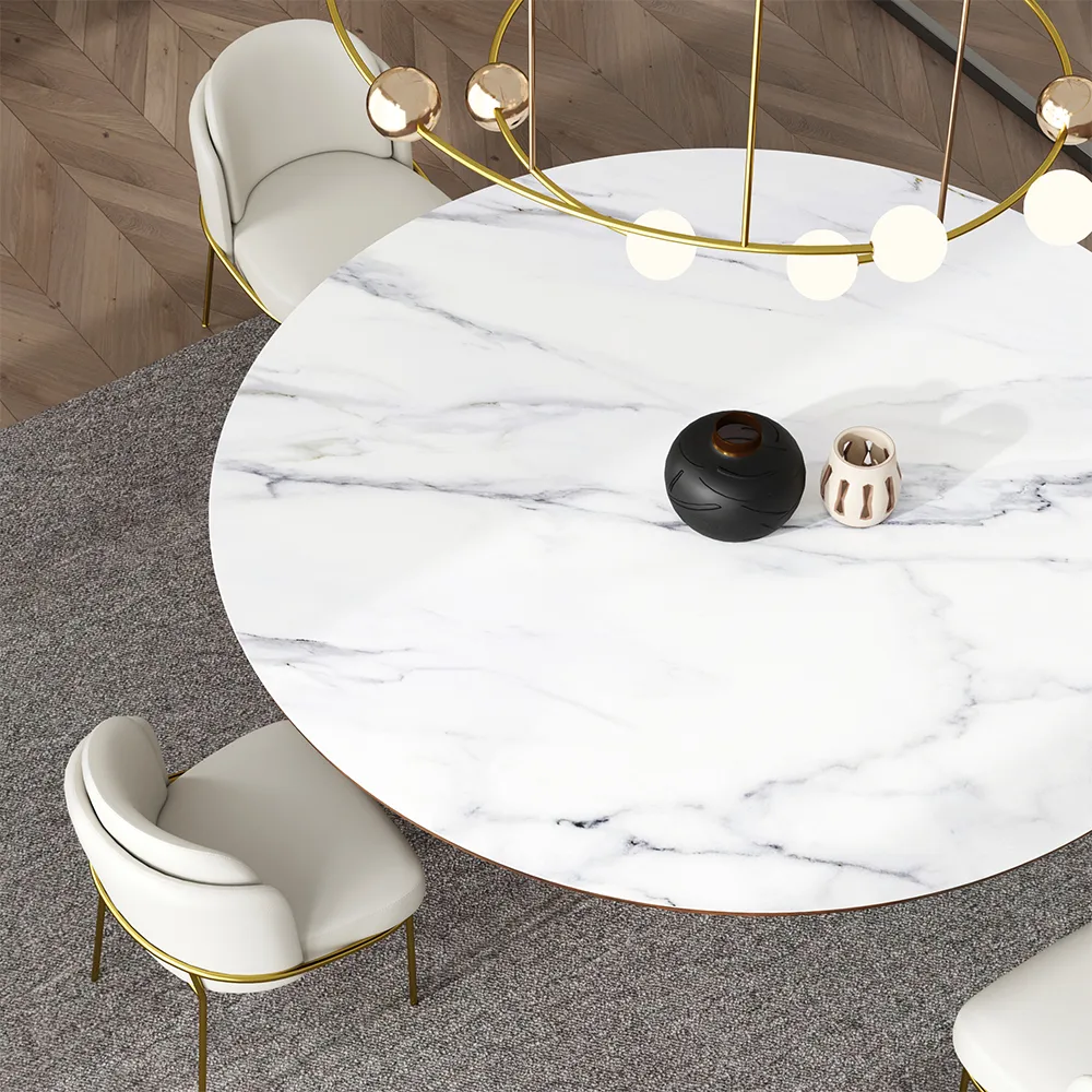 Round Dining Table Faux Marble Top Wooden Base for 6 Mid-Century Modern — image 3