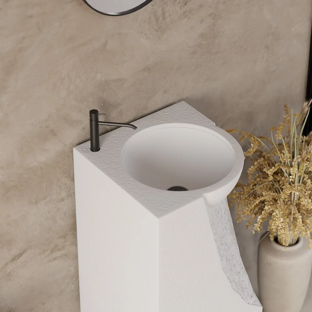 34" Japandi Tall Stone Resin Pedestal Sink with Rounded Basin Freestanding — image 9