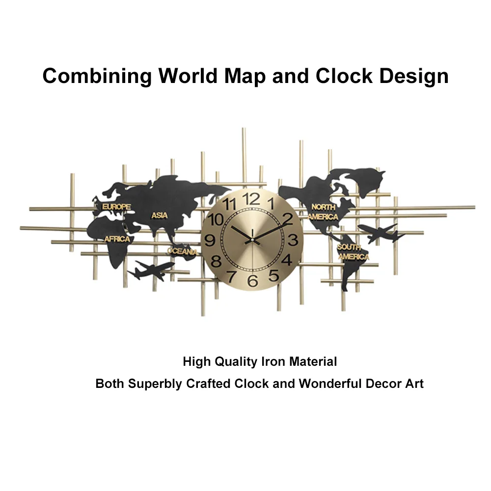 38" Modern Metal Large Map Wall Clock Decor Creative Silent Clocks Art for Living Room — image 7