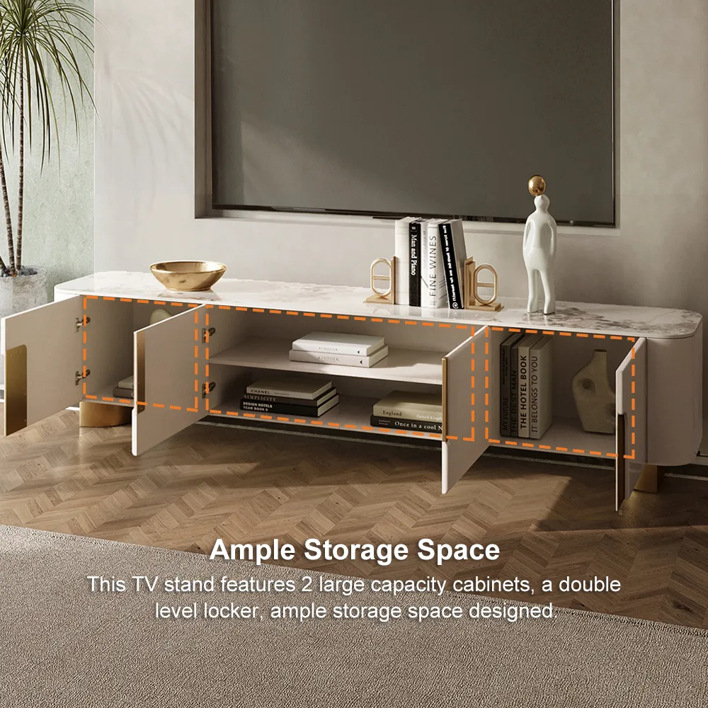 78.7" Stone Top Beige & Gold TV Stand with 4 Doors and Storage — image 6