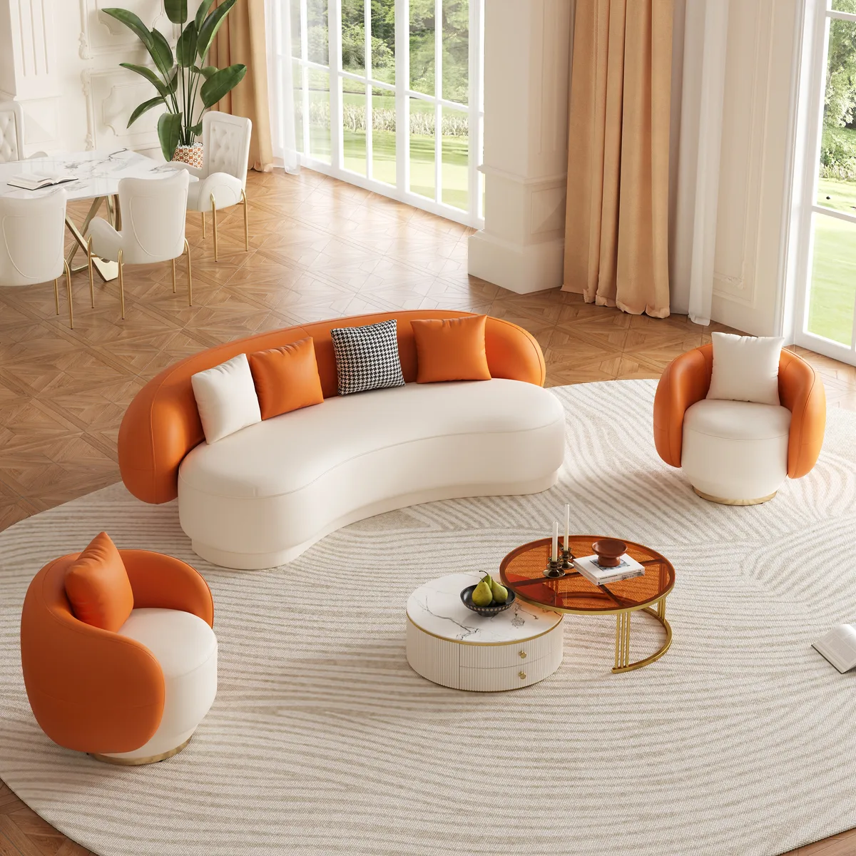 Suncurve Faux Leather 3-Seat Sofa Set with Swivel Accent Chairs