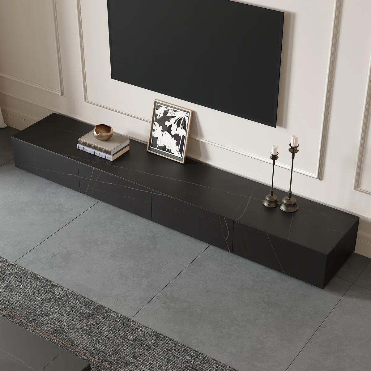 87" Black TV Stand Faux Marble with Storage for TVs Up — image 4